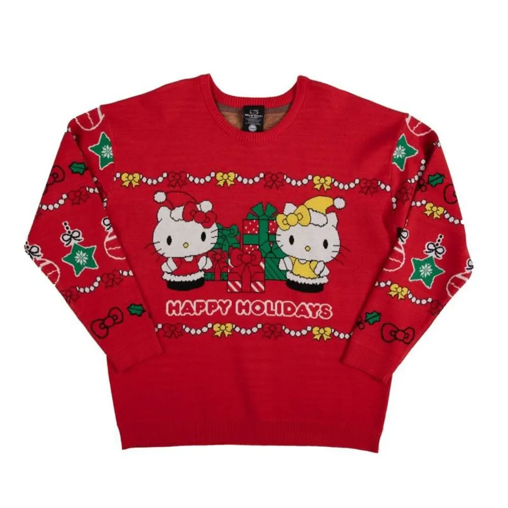 Hello Kitty Women's Red Crew Neck Long Sleeve Oversized Sweater Medium